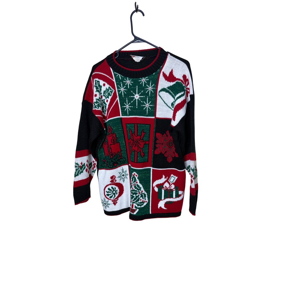 Vintage NutCracker Christmas Sweater Womens Medium Patchwork Metallic Tinsel USA